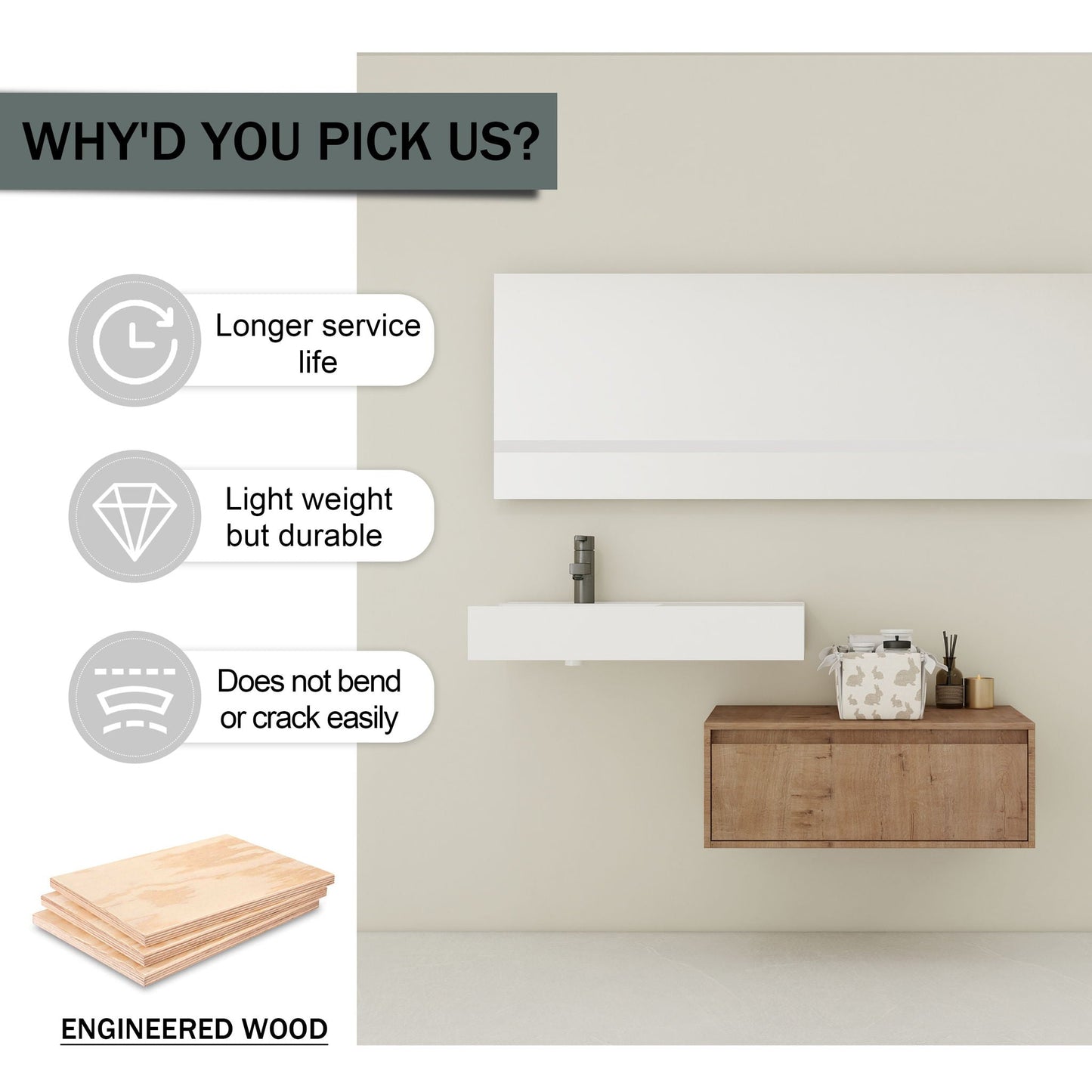 Modern Wall Mounted Bathroom Vanity With Resin Sink And Soft Close Drawer - Imitative Oak