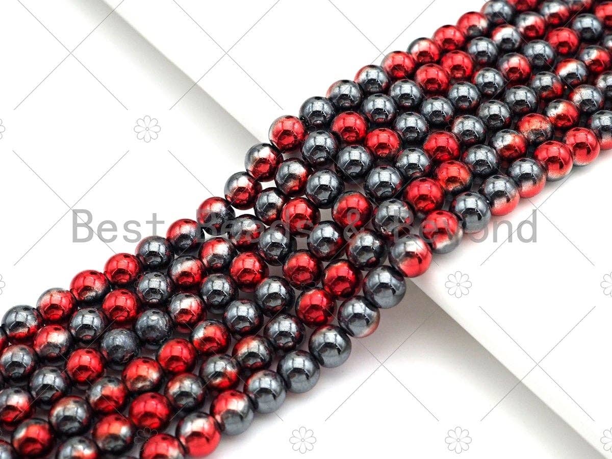New!!! Half Plated Red Natural Hematite Beads, 4mm/6mm/8mm Round Smooth Beads,15.5''  Full Strands, Sku#S132