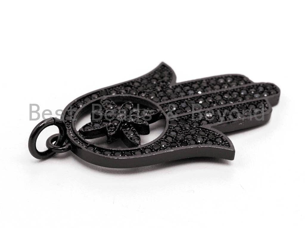 Black CZ Pave On Black Micro Pave Hamsa Hand with Flat Square Bail Pendant, CZ Pave Pendant, 22x34mm, sku#F379