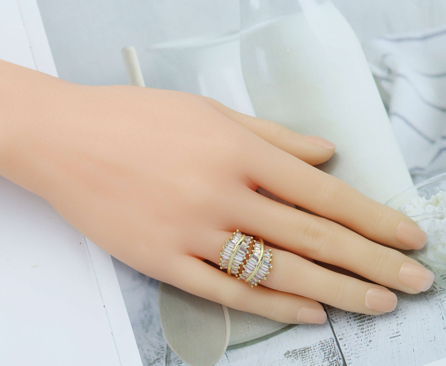 Baguette CZ Wheat Design Statement Ring, Sku#LD334