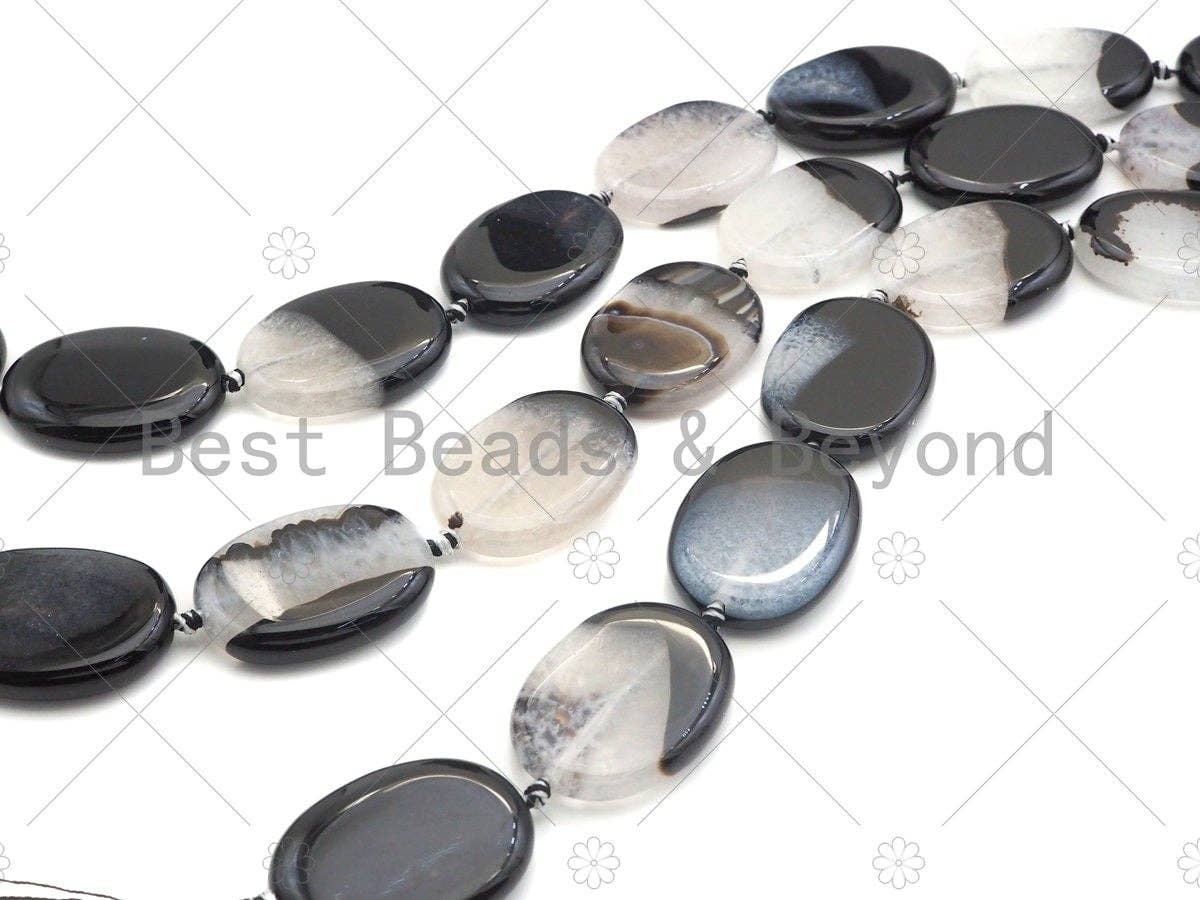 High Quality Natural Black White Druzy Agate Beads, 30x40mm Oval Smooth Agate, Necklace Bracelet Earring Jewelry,15.5'' Full Strand,Sku#YK04