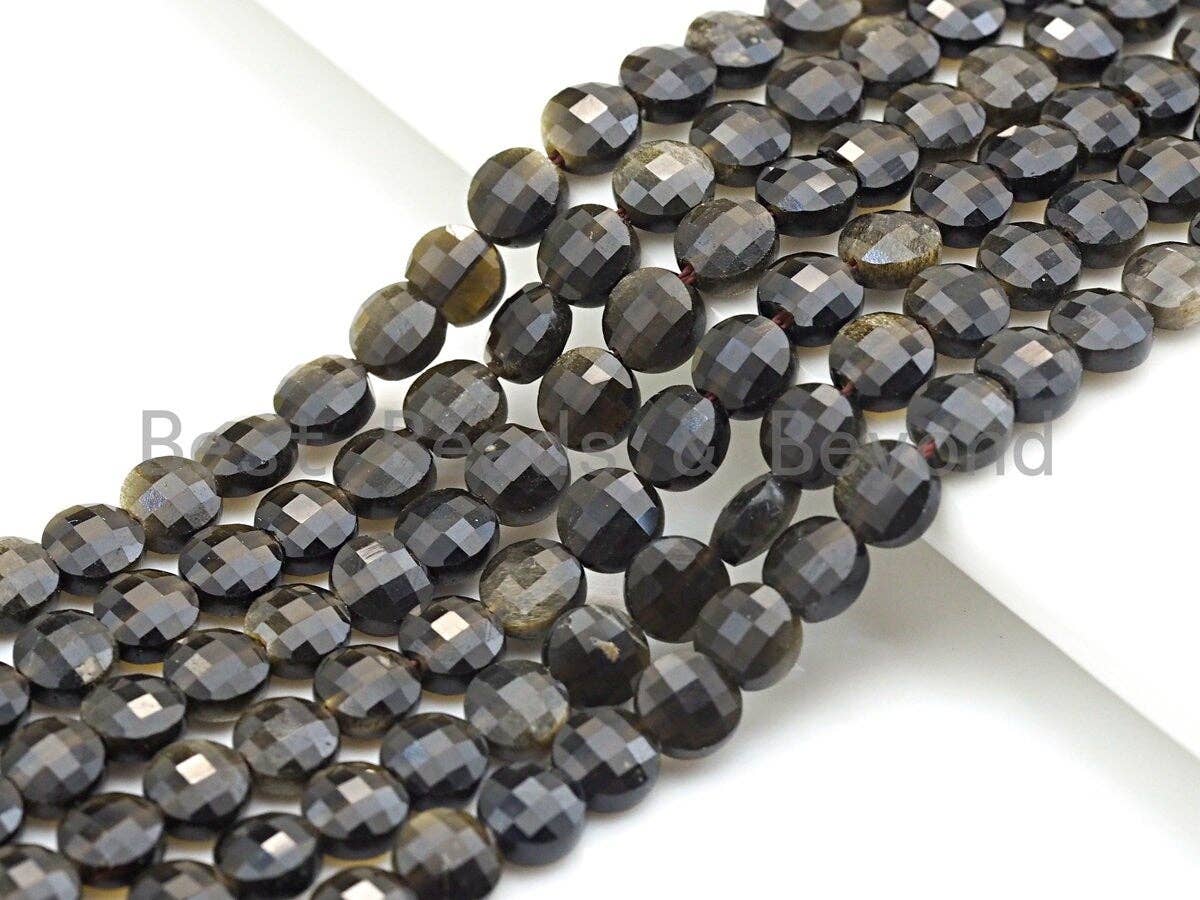 Double Sided Turtle Shell Cut Natural Silver Obsidian Coin Shape beads, 6mm/8mm/10mm Natural Gemstone Beads, 15.5" Full strand, Sku#U797