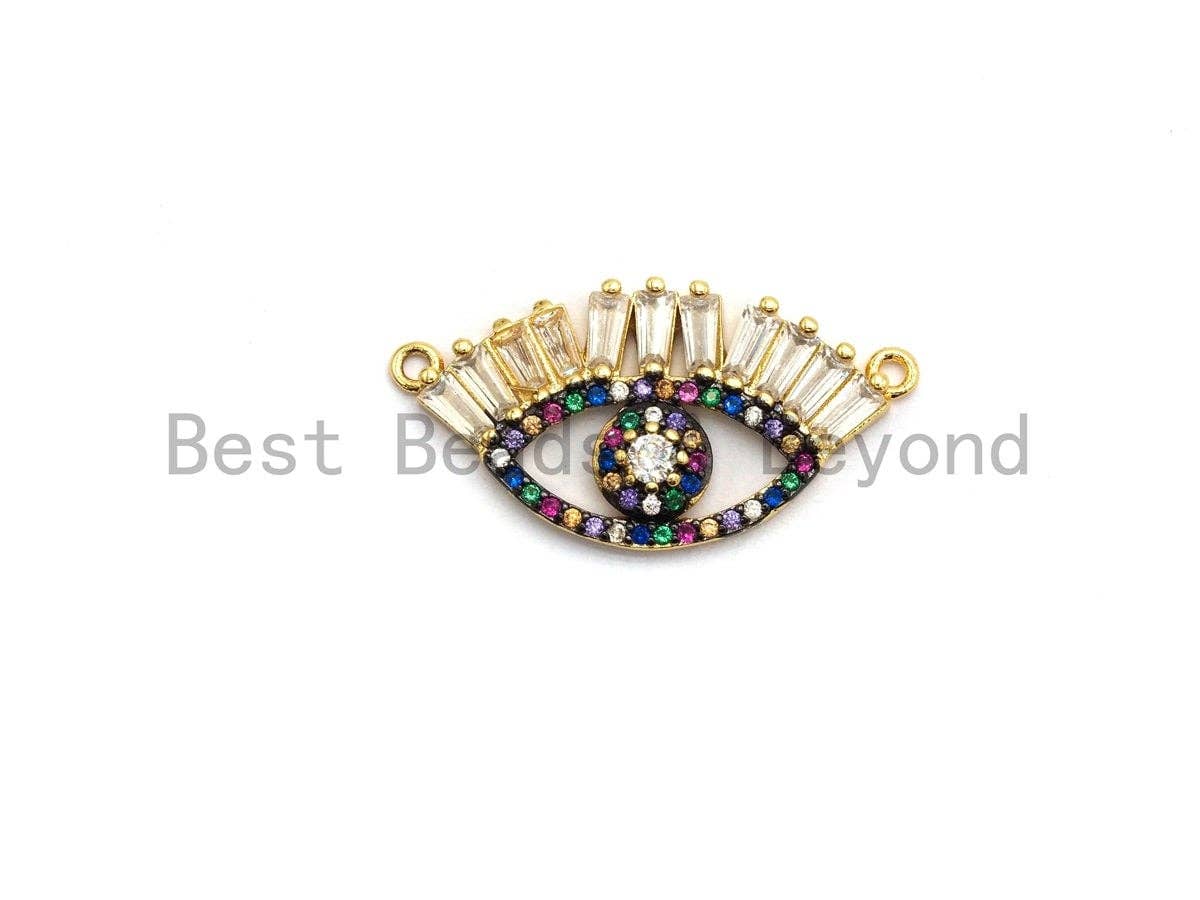 Multi-Color CZ Micro Pave Long eyelash Evil Eye Connector, Rainbow CZ Micro Pave Evil Eye Necklace Connector, Gold plated, 14x27mm,,sku#F658