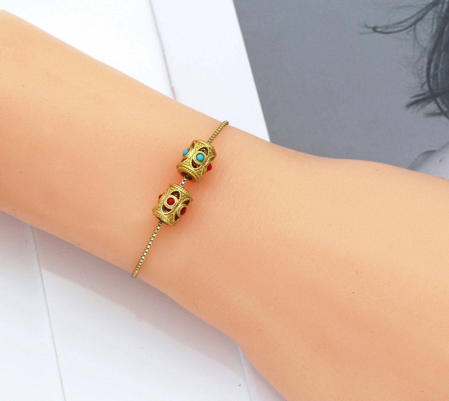 Gold Enamel Evil Eye On Tube Spacer Beads, Sku#LX65