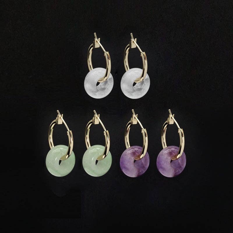 Green White Purple Gemstone Donut Ring Hoop Earrings, EF470
