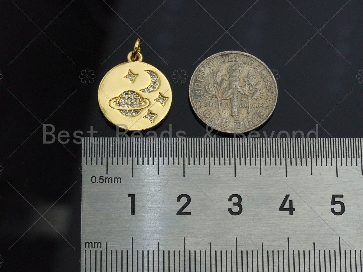 18k Shiny Gold Moon Earth Star On Round Coin Charms, Gold Coin Charms, Moon Pendant, Gold Pendant, Round Necklace Charms, 15x17mm, Sku#Z1170