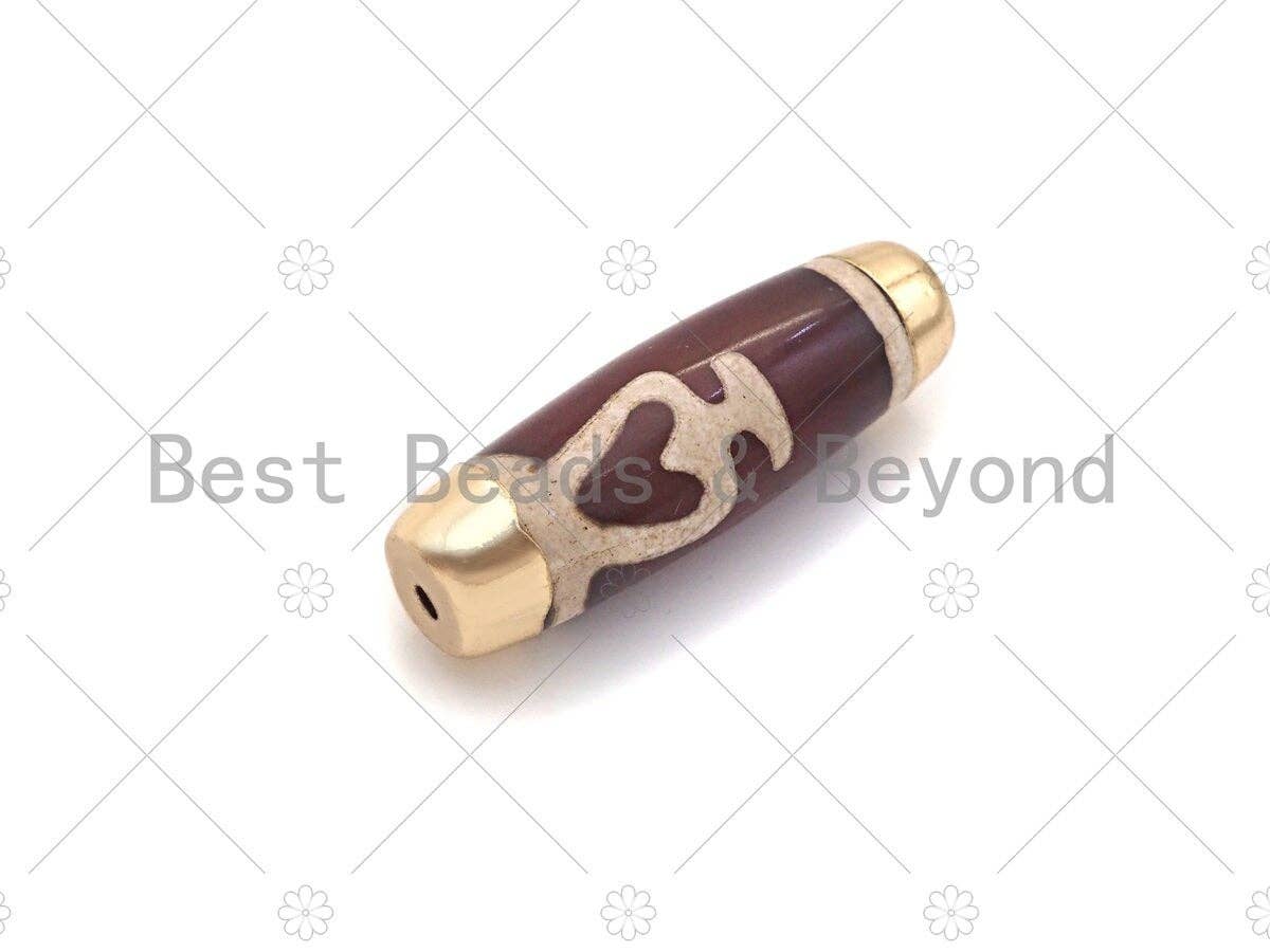 16x39mm Large Natural Tibetan Agate Gold Finish Barrel Shape Spacer Beads, Oval Tibetan Agate Beads, sku#U950