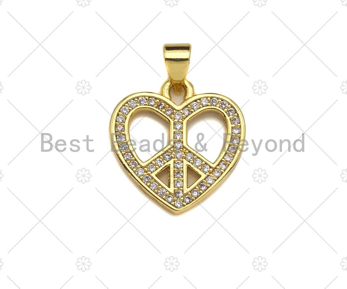 CZ Micro Pave Pearce Heart Charm/Pendant, Heart Charm,Peace heart Pave Pendant, Gold plated heart ,17mm, Sku#LK78