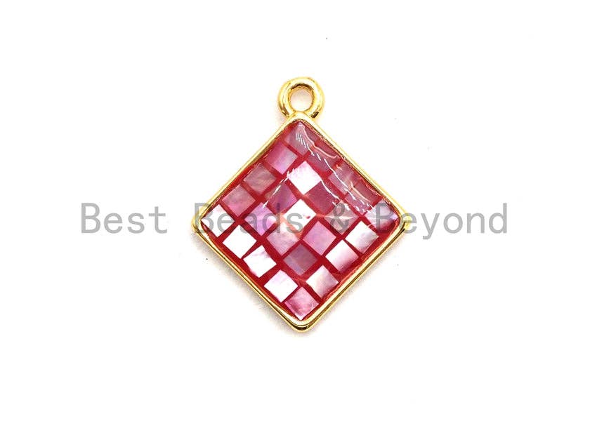 100% Natural Color HOT Pink Shell Diamond Shape Charm in Gold/Silver Finish,Fuchsia Pink Shell Pendant,Pink Shell Charm, 13x16mm,SKU#Z329