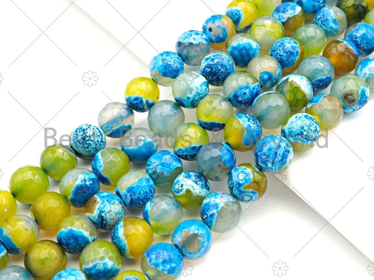 Natural Blue Yellow Fire Agate Round Faceted Beads, 8mm/10mm