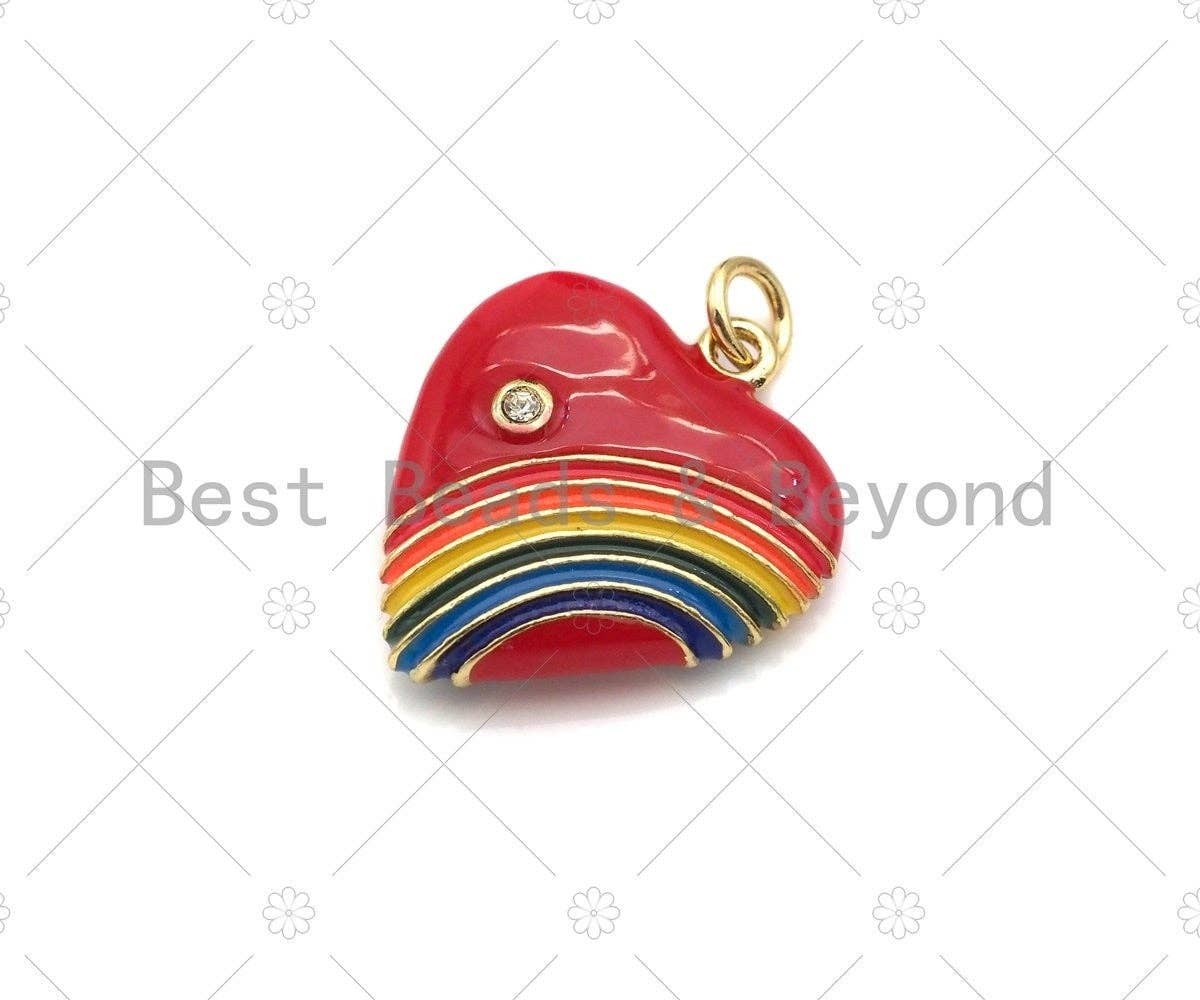 Rainbow Enamel Heart Pendant, Vintage Rainbow Heart Charms, Enamel with CZ Heart Charm, 21x18mm,sku#F1359