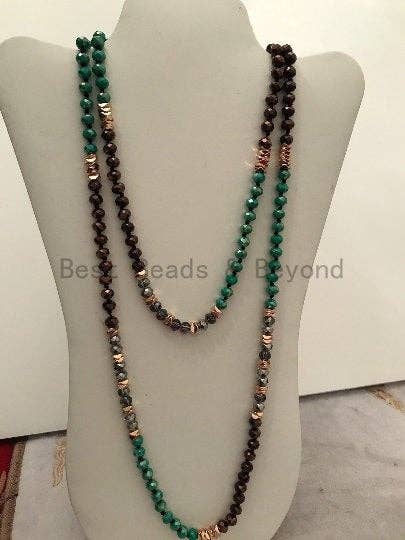 NEW Color 60 Long Hand Knotted Mixed Color Crystal Necklace Chain, Double Wrap Necklace, 5x8mm Crystal with Brass Spacer Beads, Sku#DS2
