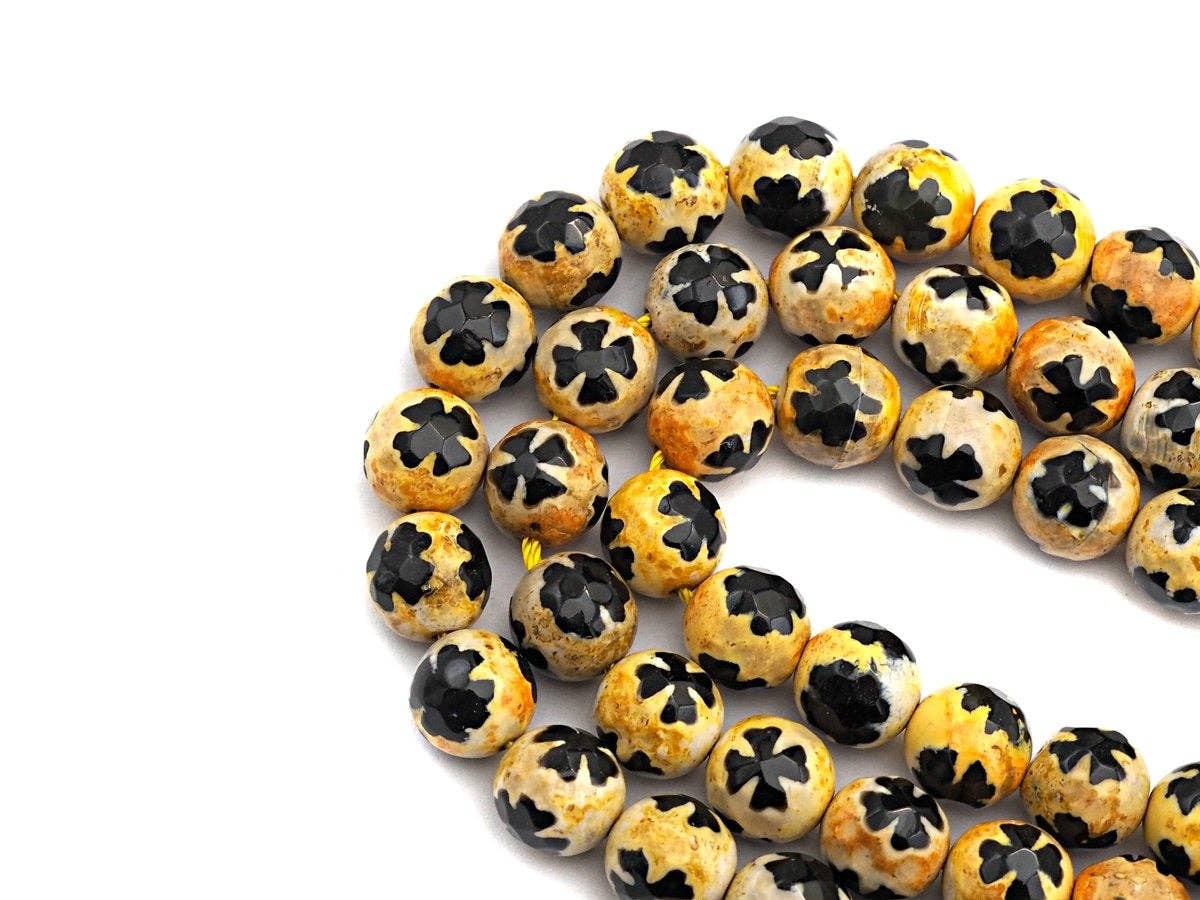 10mm Quality Dzi Black Yellow Aage with Flower Patten Beads, sku#U559c