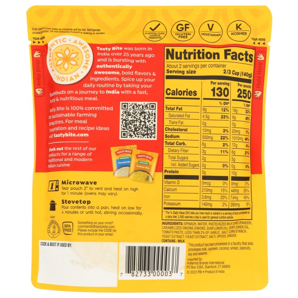 TASTY BITE: Kashmir Spinach, 10 oz