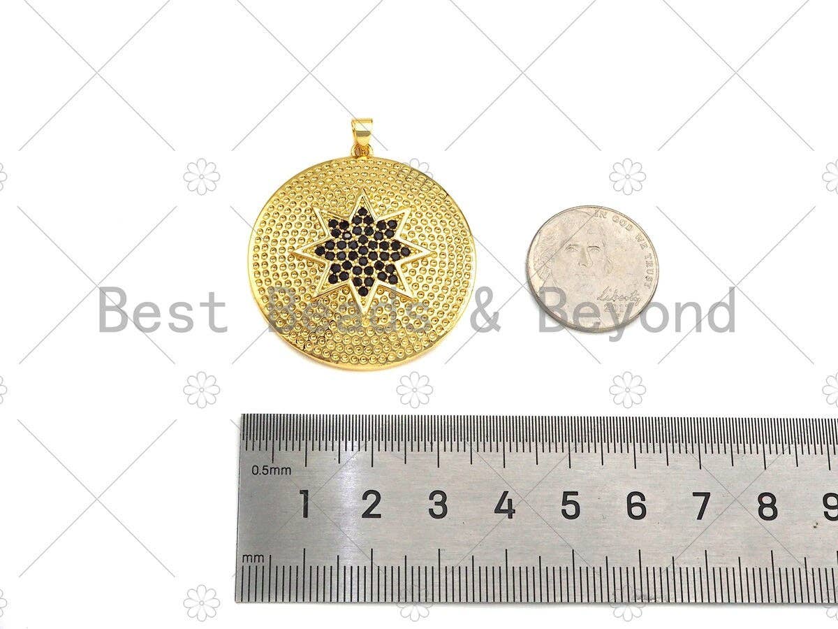 CZ Micro Pave North Star On Round Coin Pendant,18K Dainty Gold Medallion Charm, Necklace Bracelet Charm Pendant, 36x38mm, Sku#LK293