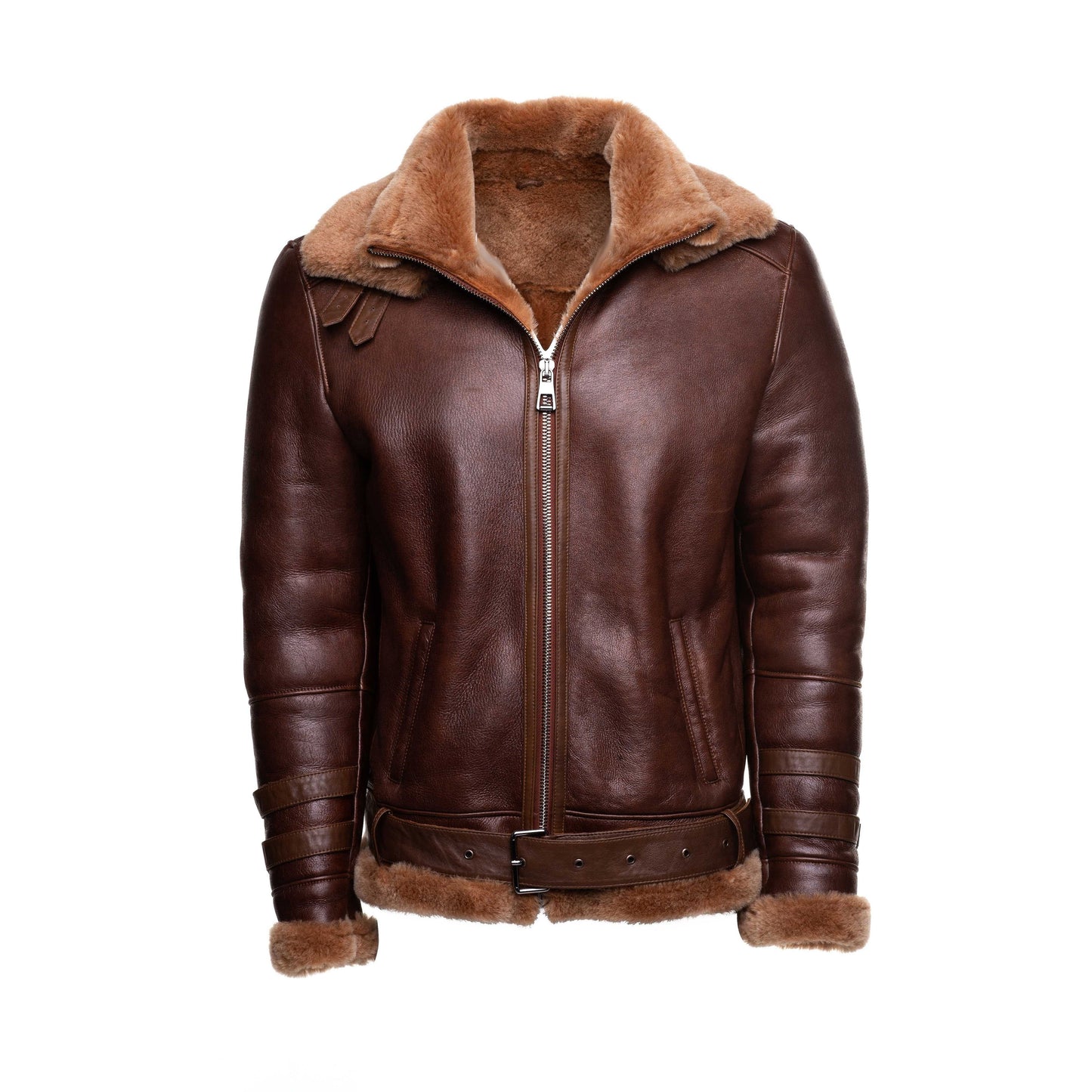 Phans Brown Aviator Bomber Shearling Jacket with Waist Belt