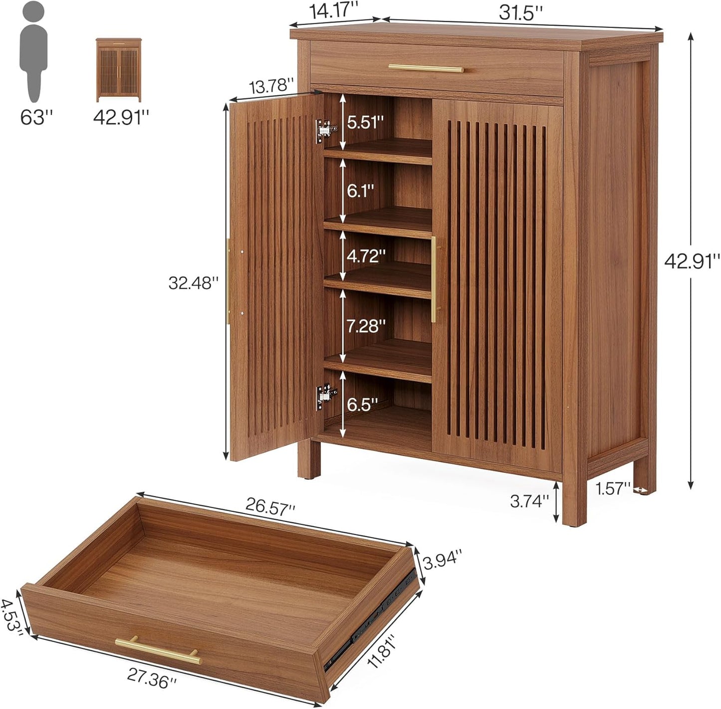 5-Tier Shoe Storage Cabinet with Louvered Doors and Drawer