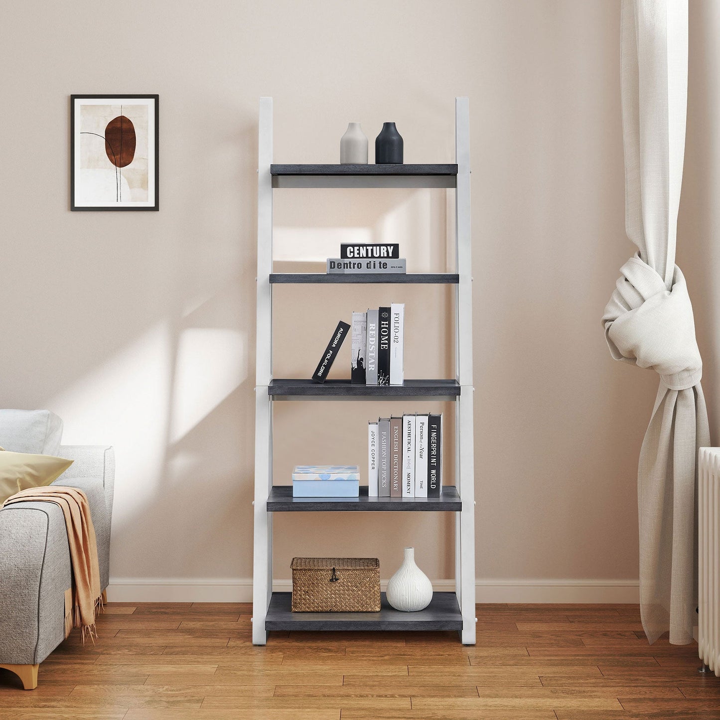 5-Tier Shelves with Rubber Wood Frame