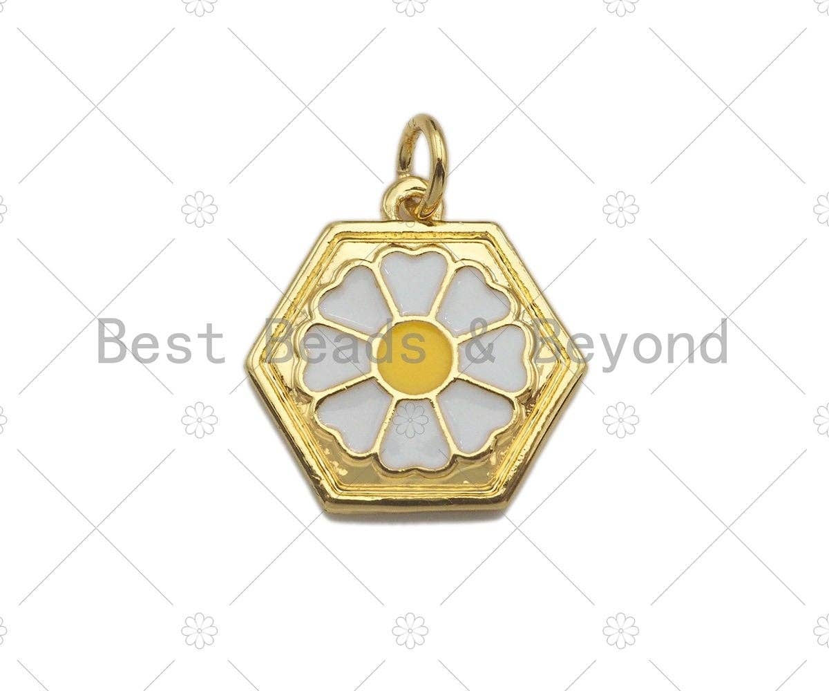 White Enamel Daisy Flower On Hexagon Shape Pendant Charm, Enamel Hexagon Charm,16x16mm,sku#L355