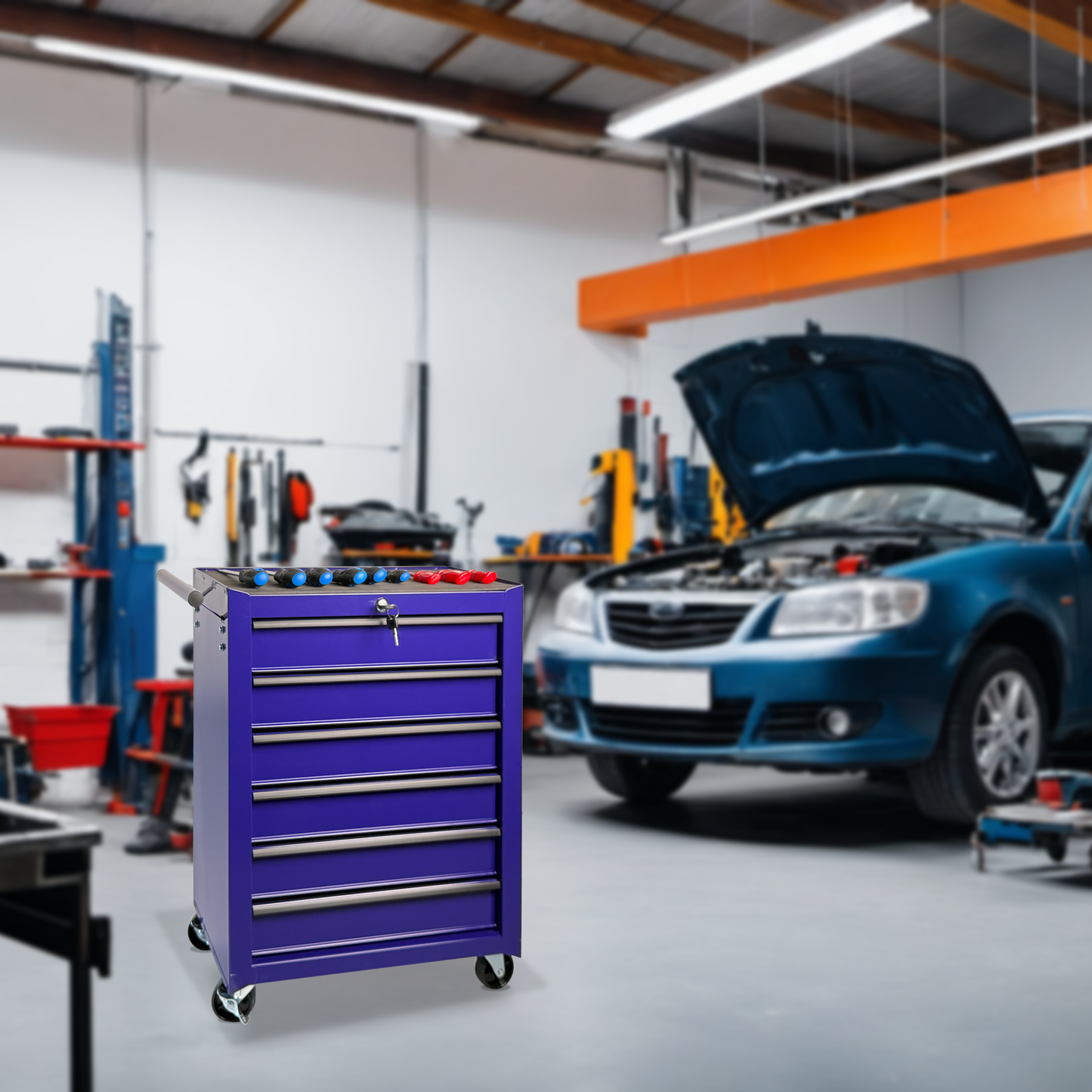 Rolling Metal Tool Chest with 6 Drawers - Purple