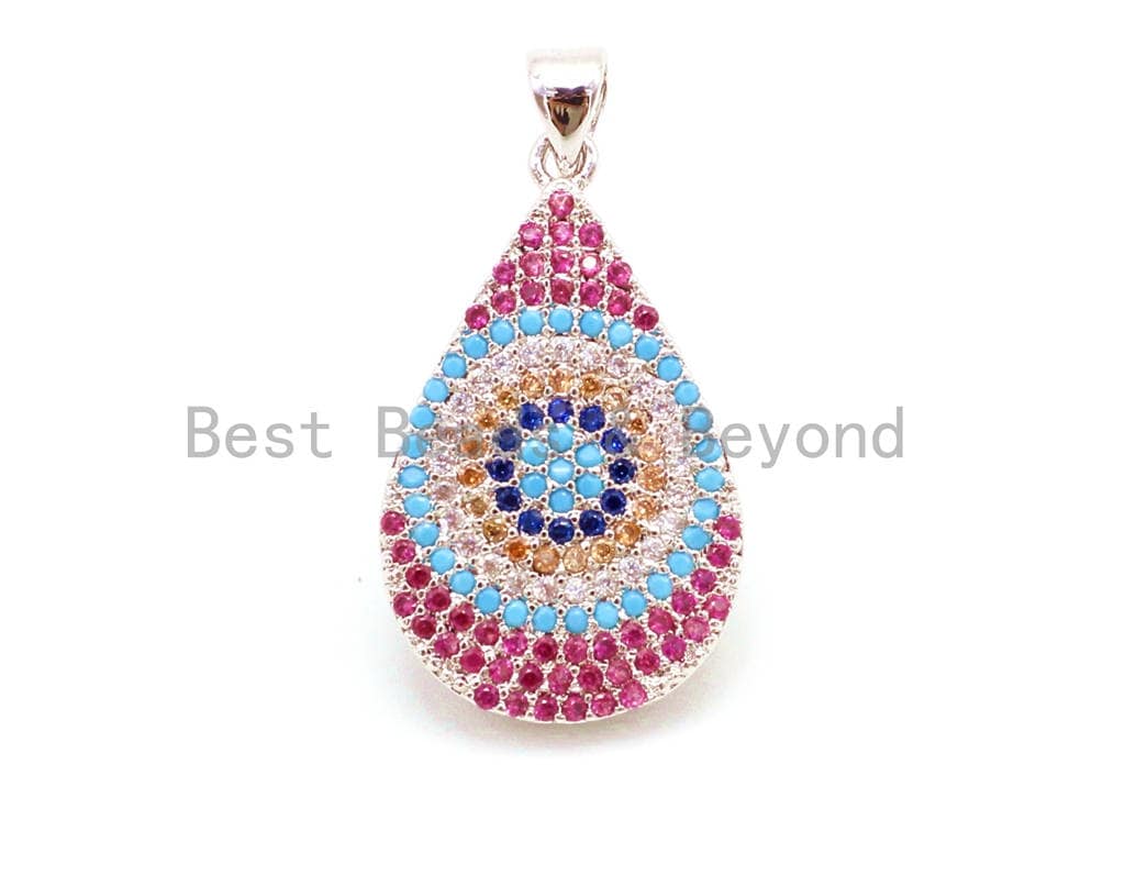 CZ Micro Pave Fuchsia Teardrop Evil Eye Pendant, 16x30mm, sku#F12