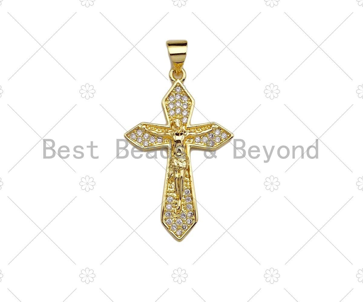 CZ Micro Pave Jesus On Cross Pendant/Charm,Cubic Zirconia Charm, Necklace Bracelet Charm Pendant,19x30mm, Sku#JL15