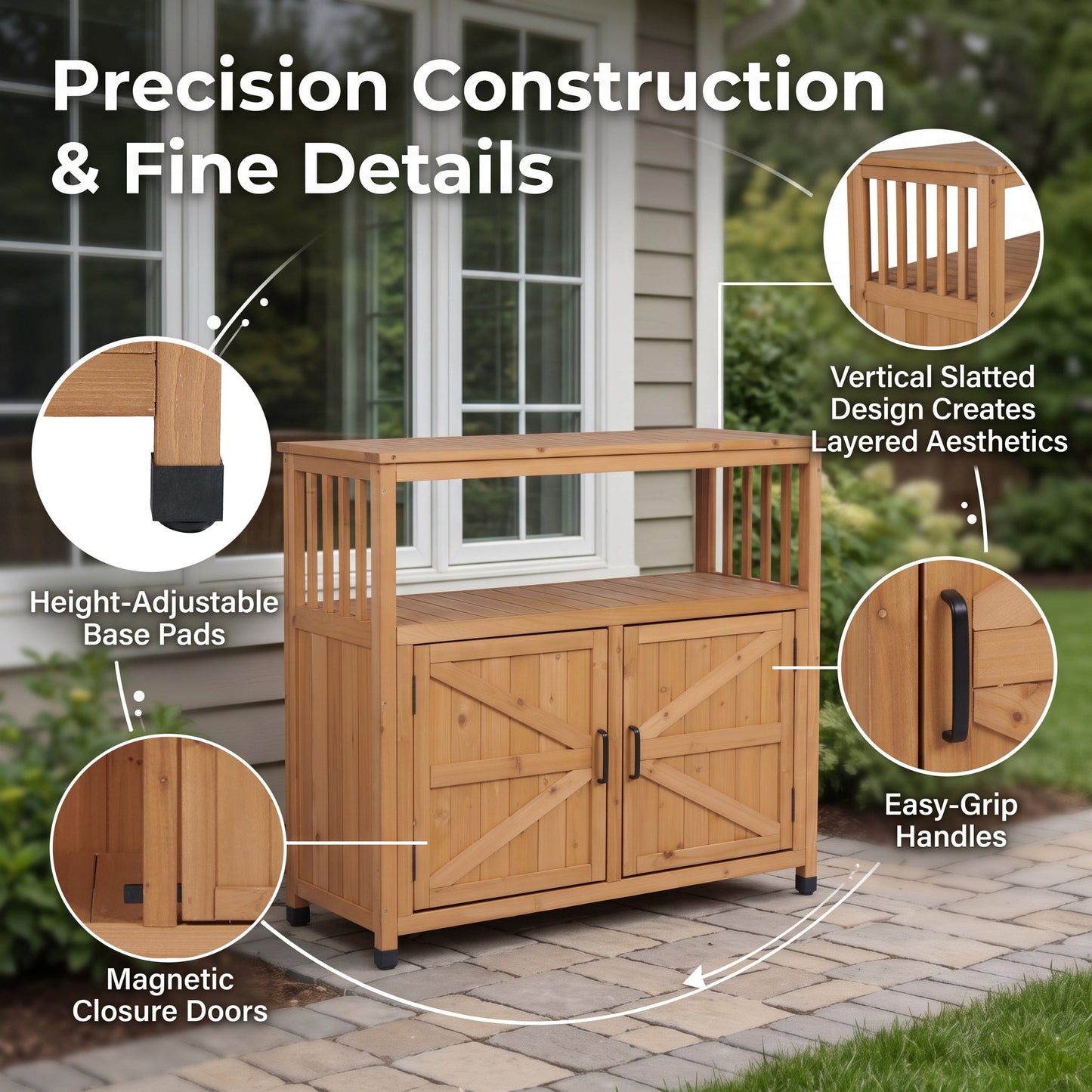 Wooden Patio Bar Table Set with Storage Buffet Cabinet