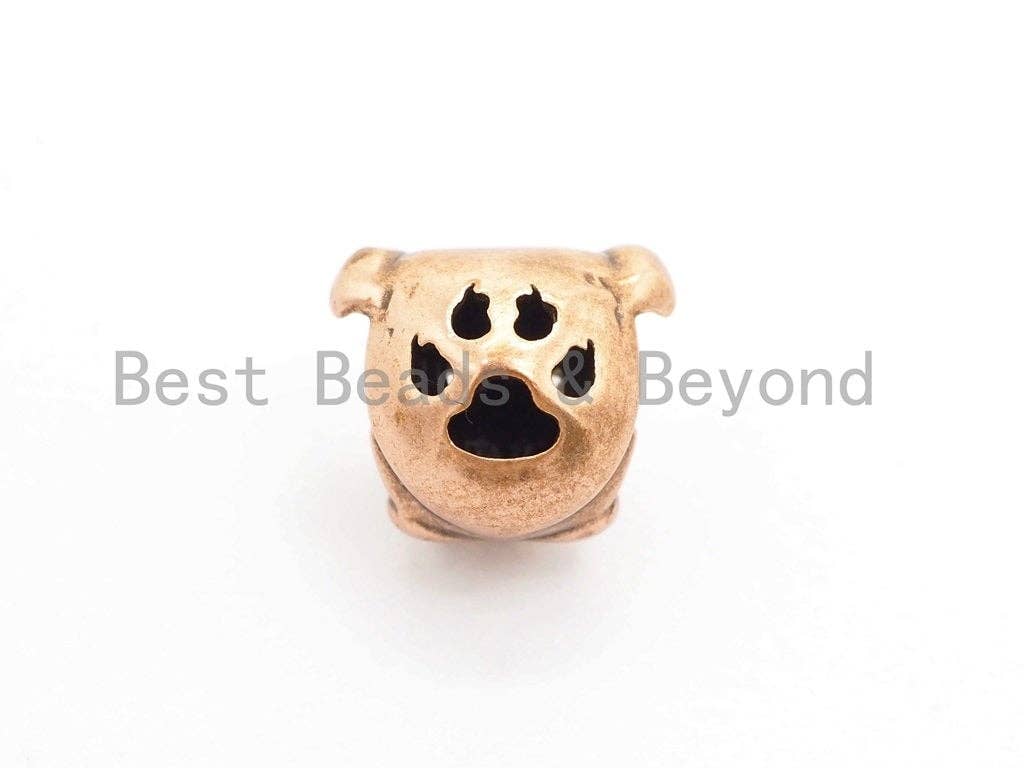 Antique Gold/Copper Bulldog Animal Head Bead, Animal Charm, CZ Pave Dog Spacer Beads, Men's Bracelet DIY, 13x11x11mm, sku#Y136