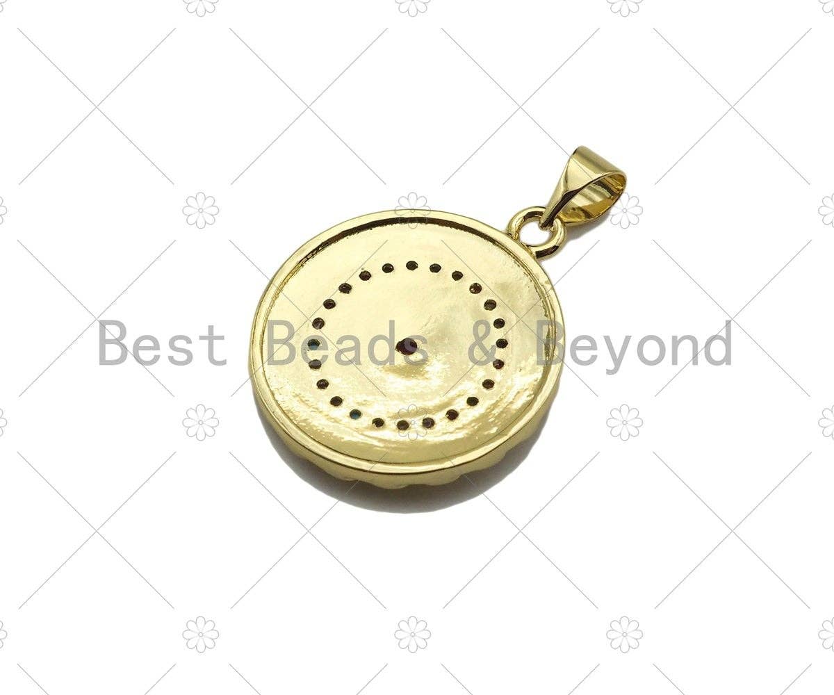 Colorful CZ Micro Pave North Star On Round Coin Shape Pendant,Dainty Gold Medallion Charm,Necklace Bracelet Charm Pendant,19x23mm, Sku#LK223
