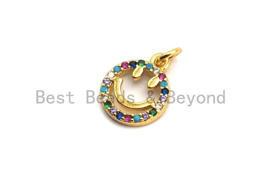 CZ Colorful Micro Pave Smiley Face Charm/Pendant, Round Face Shaped Pave Pendant, Gold plated, 10x12mm, Sku#F843