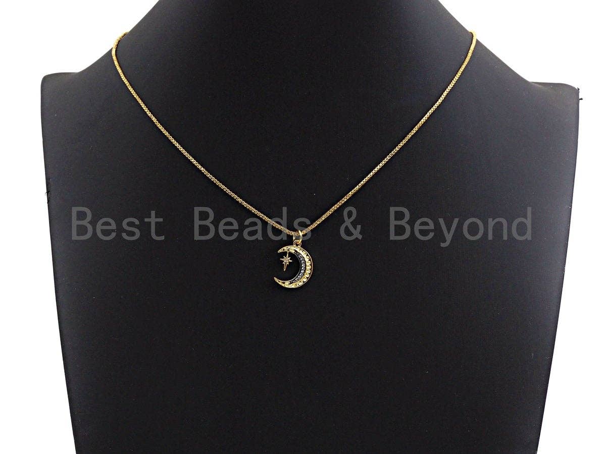 CZ Micro Pave Crescent Moon With North Star Pendant, Cubic Zirconia Pendant, Silver/Gold/Rose Gold/Black Tone,13x17mm, Sku#Z485