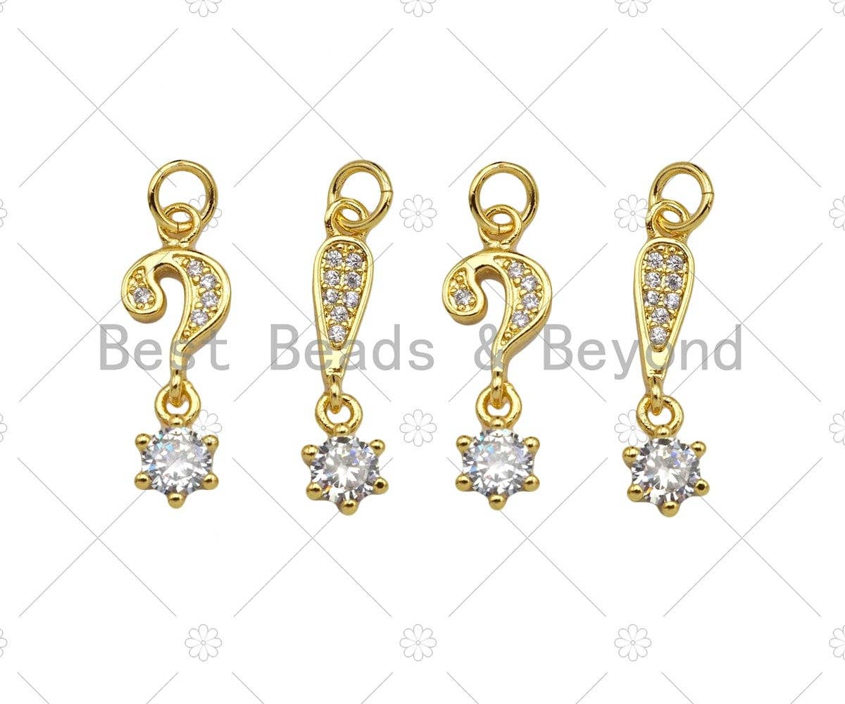 CZ Micro Pave Question Mark Exclamation Mark With Big CZ Pendant, 18K Dainty Gold Charm, Necklace Bracelet Charm Pendant,8x14mm,Sku#LK310