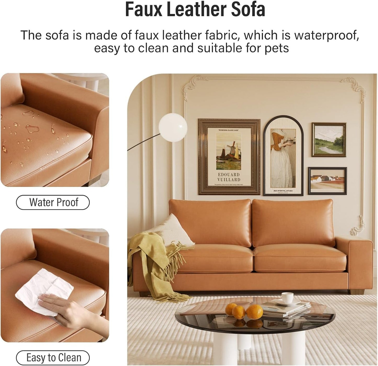 Faux Leather Loveseat Sofa 71Inch Brown Solid Wooden Frame