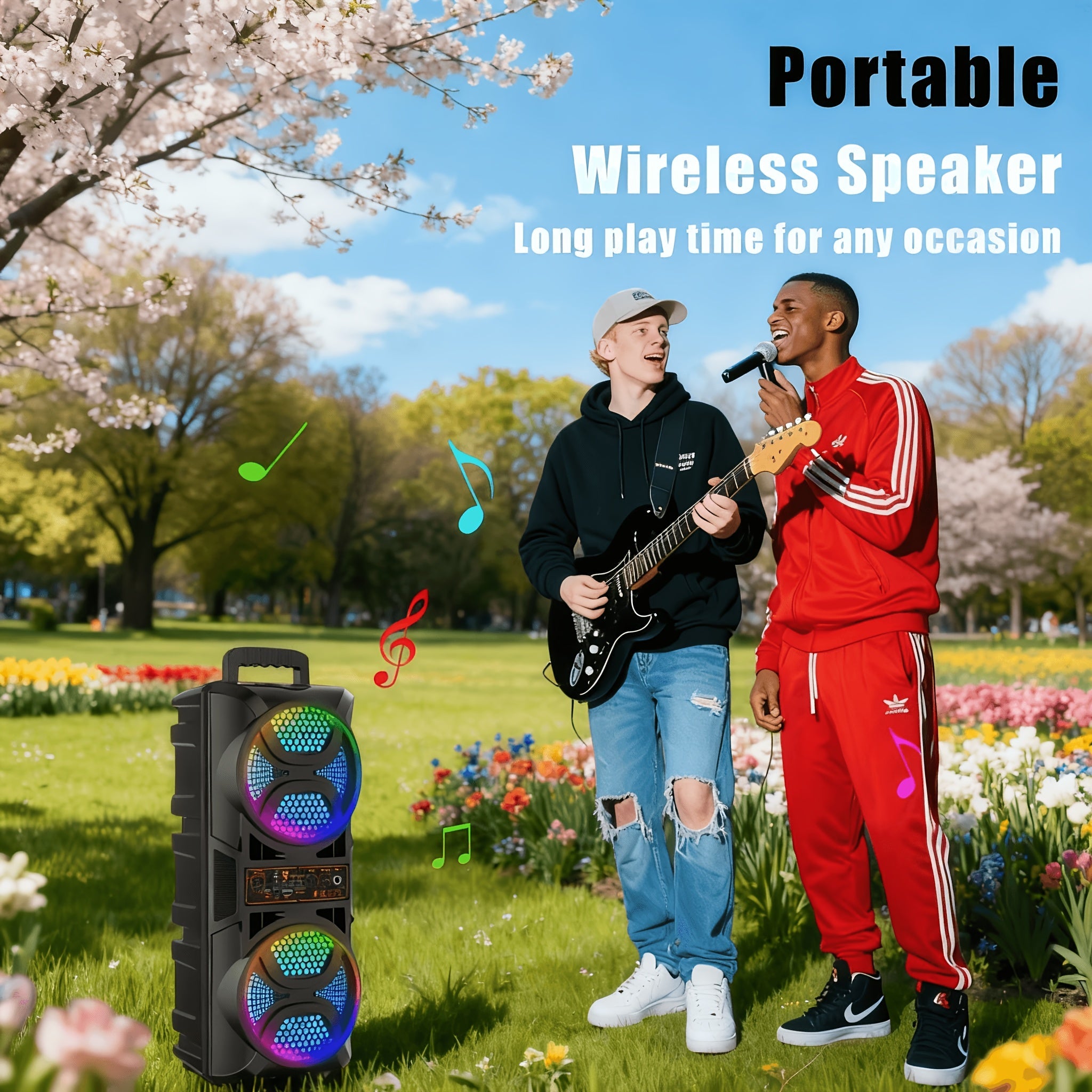 Enceinte Bluetooth portable avec basses subwoofer, double haut-parleur de graves LED 6,5" et microphone