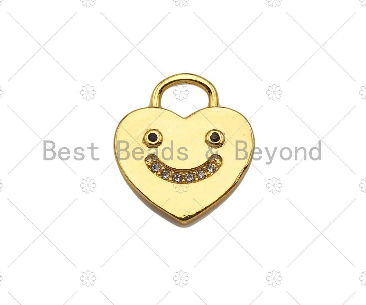 18K Dainty Gold Smiley Face On Heart Lock Shape Pendant/Charm, Necklace Bracelet Charm Pendant,15x13mm, Sku#LK233
