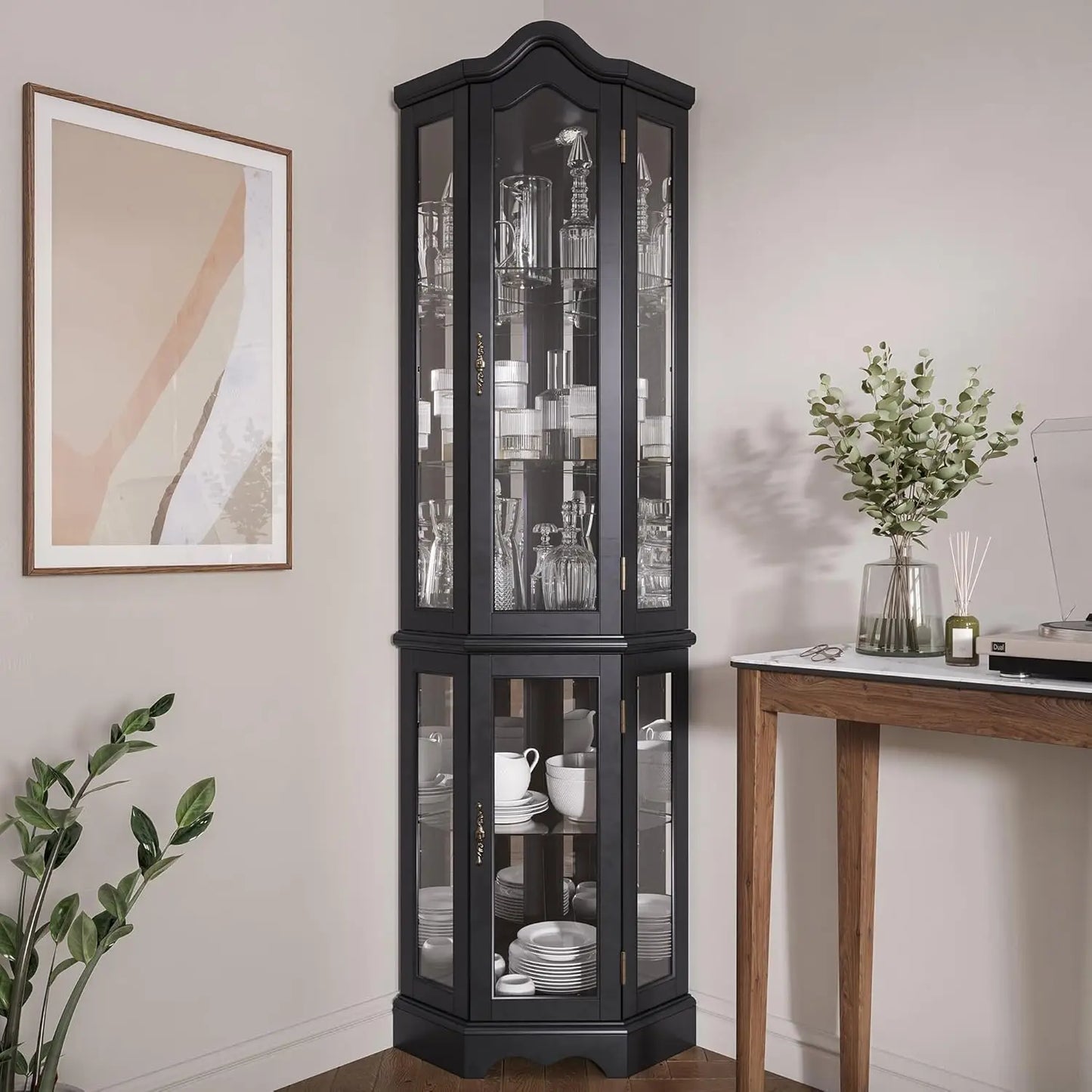Lighted 3-Side Glass Display Curio Cabinet w/Tempered Glass Doors and Shelves, Curved Wood Corner Cabinet with Bulb, Corner S
