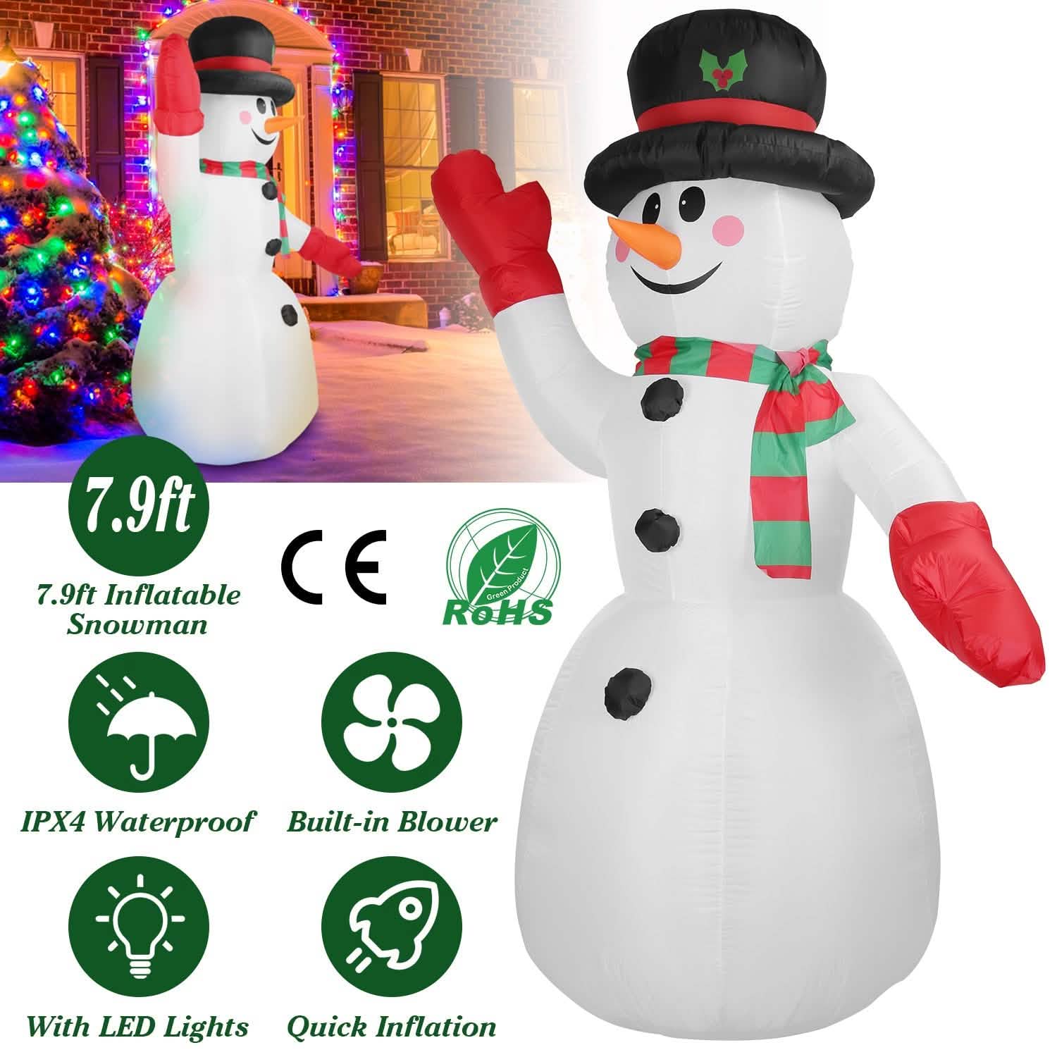 7.9フィート クリスマス用巨大インフレータブル雪だるま LEDライト付き 帽子とマフラー付き