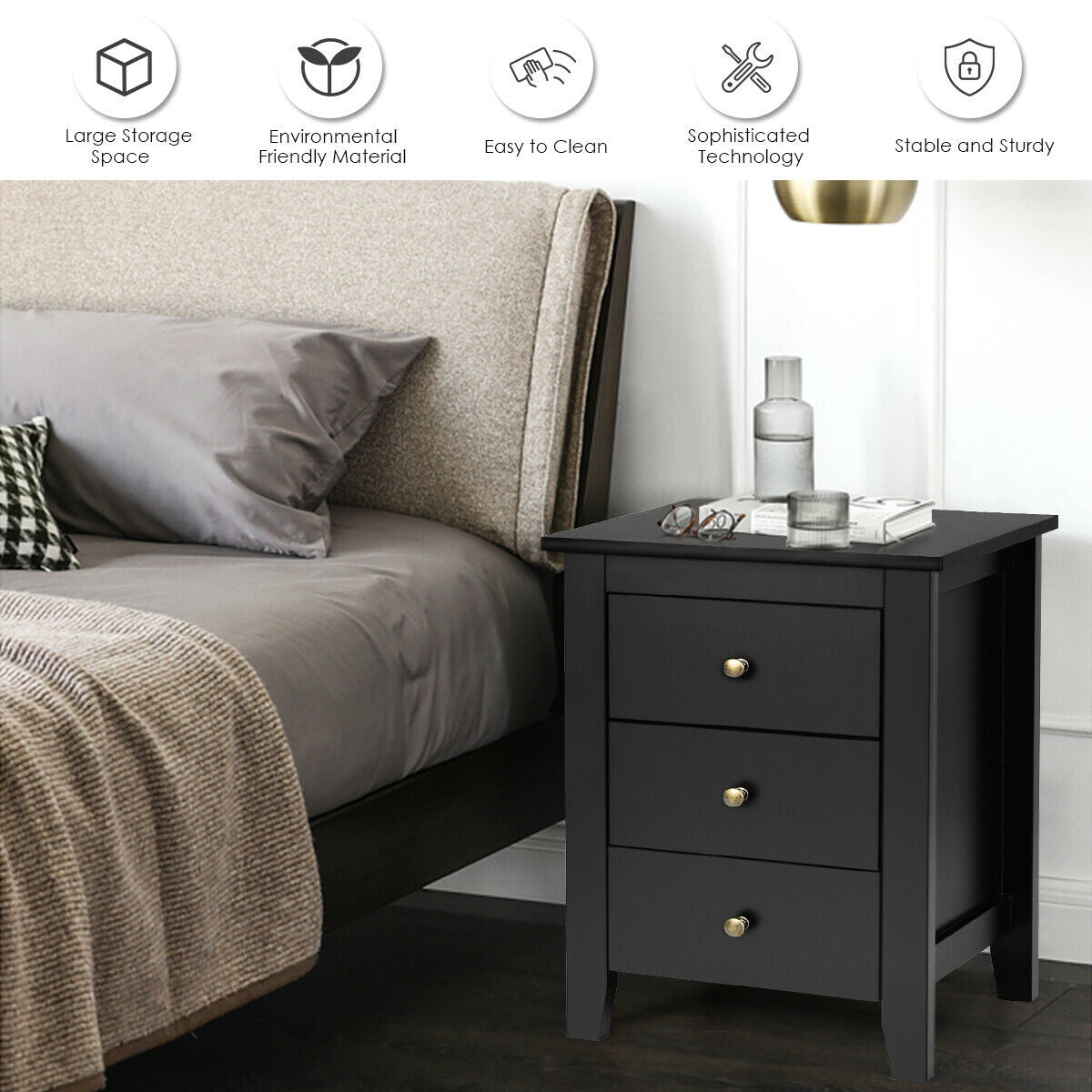 Set of 2 Nightstand End Beside Table Drawers