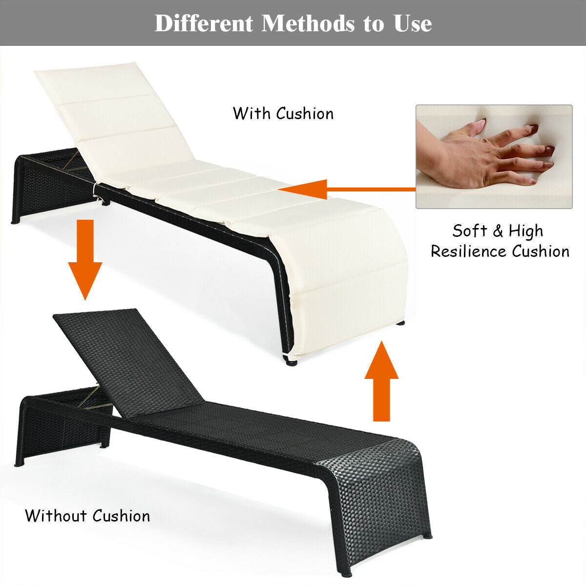 Patio Rattan Lounge Chair Back Adjustable Chaise Recliner with Cushioned