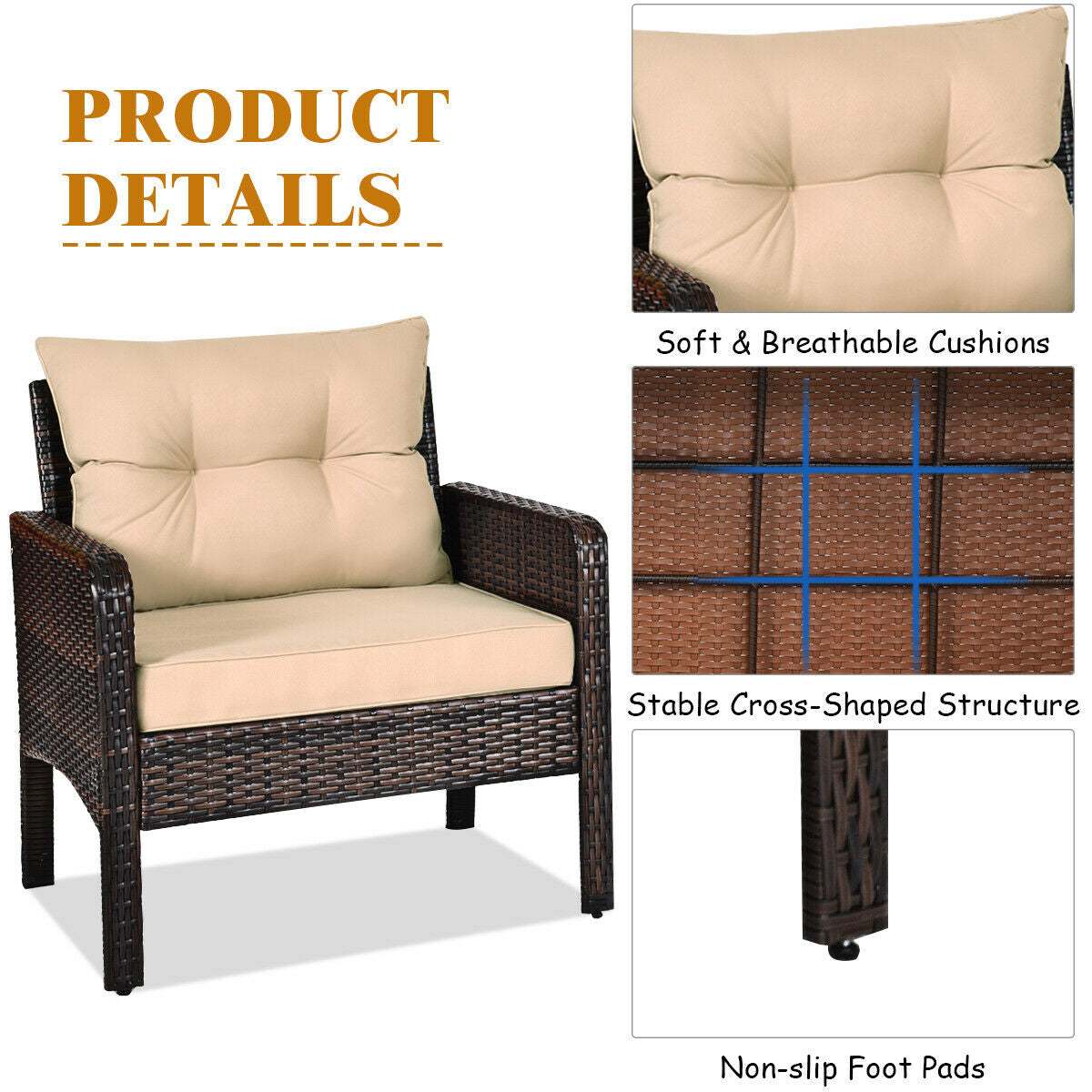3 Pcs Outdoor Patio Rattan Conversation Set with Seat Cushions-Black