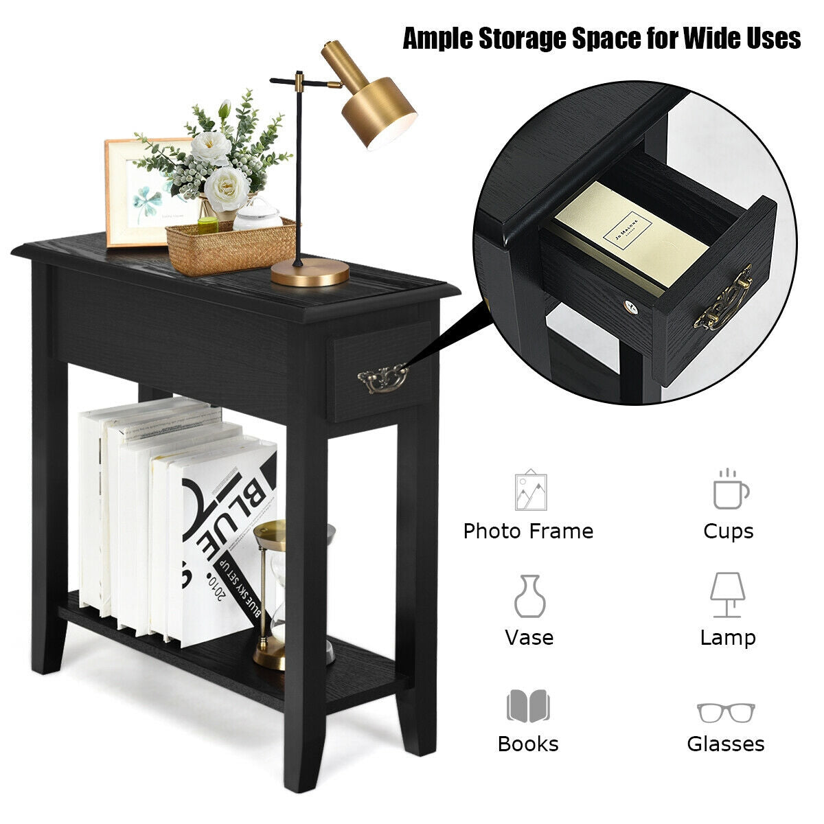 End Table Bedside Sofa End Table Narrow Nightstand with Wooden Legs
