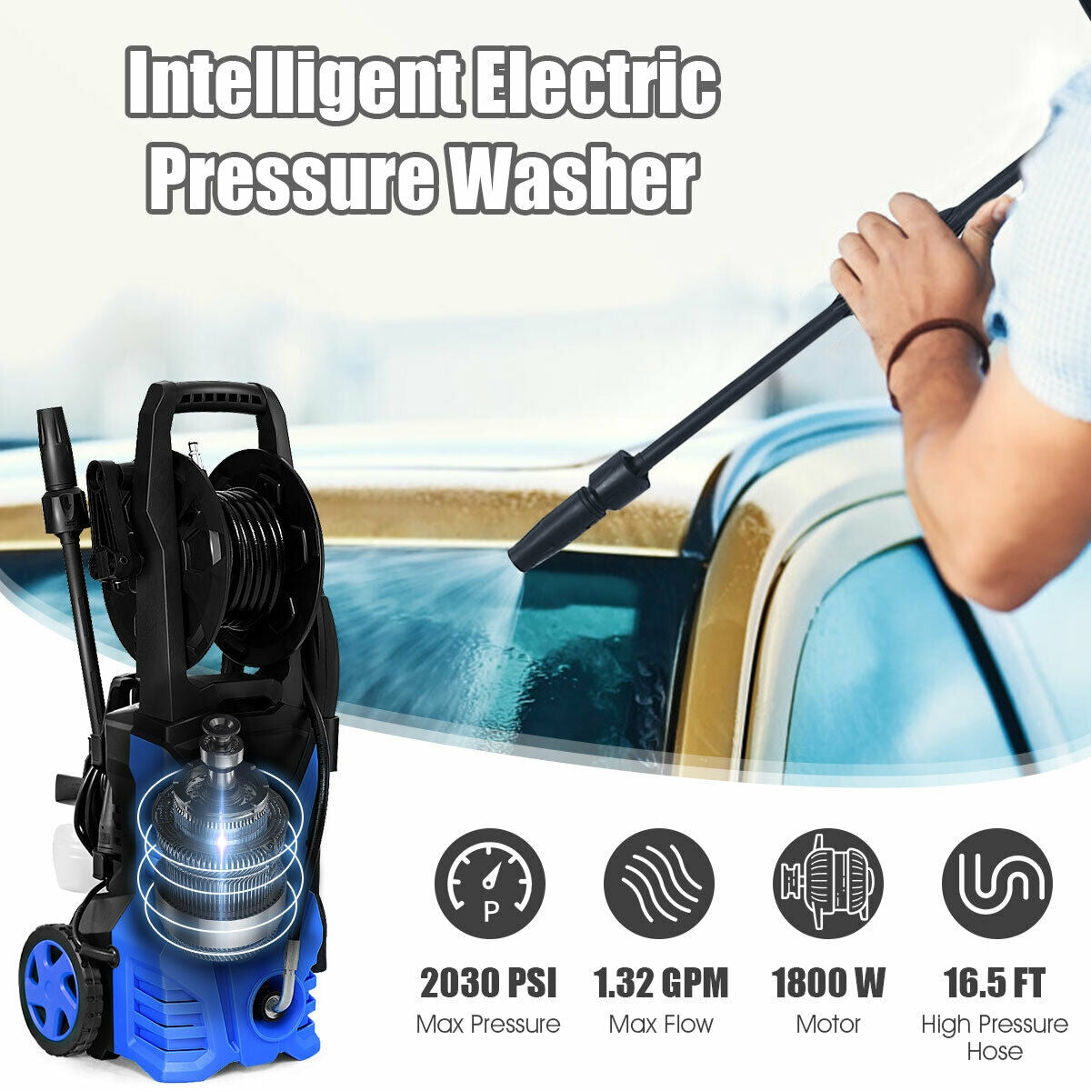 1800W 2030PSI Electric Pressure Washer Cleaner with Hose Reel