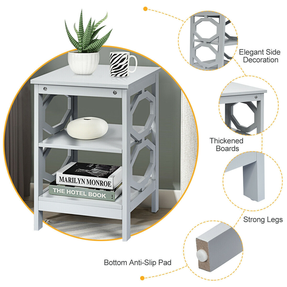 3-tier Nightstand Sofa Side End Accent Table-Black
