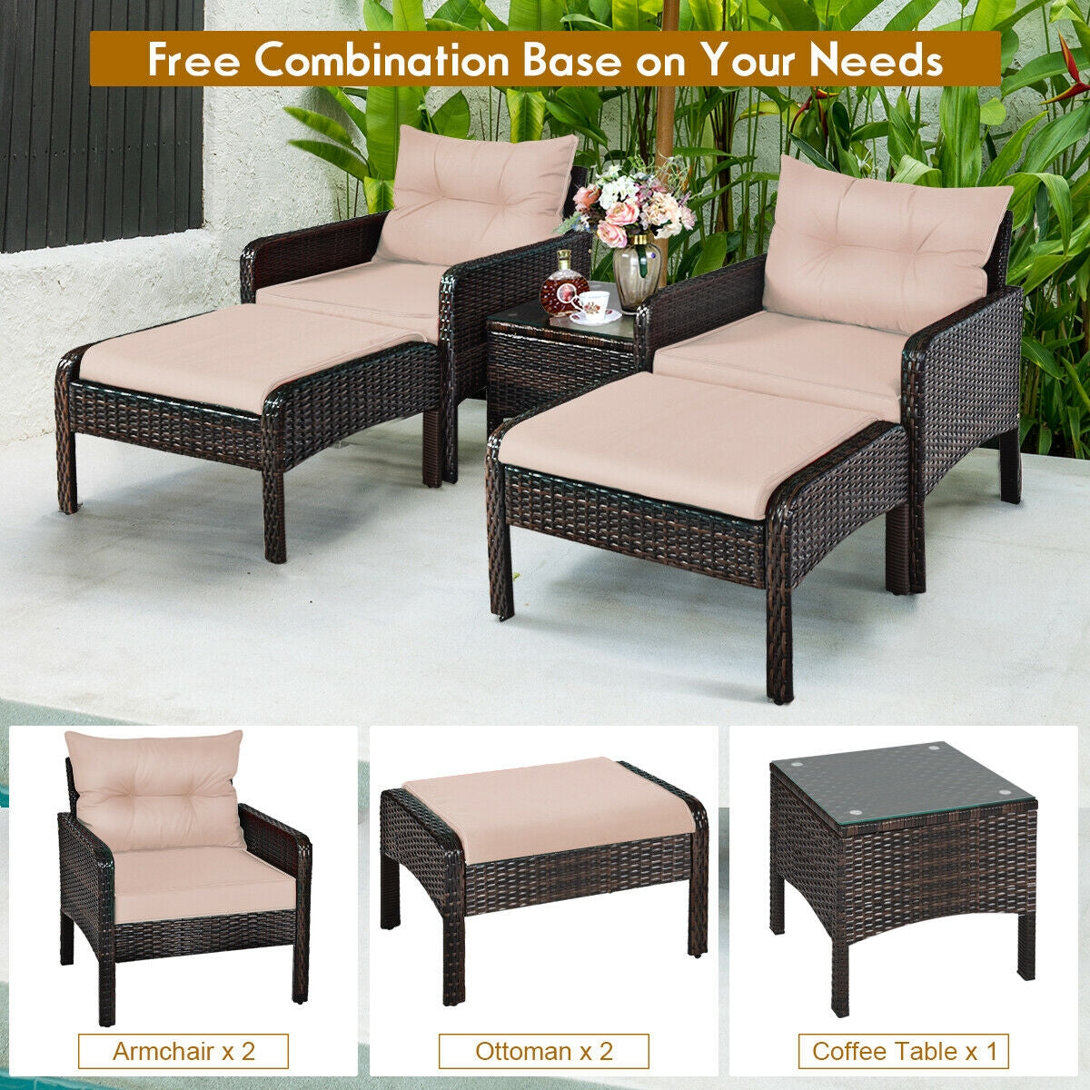 5 Pieces Patio Rattan Sofa Ottoman Furniture Set with Cushions-Black