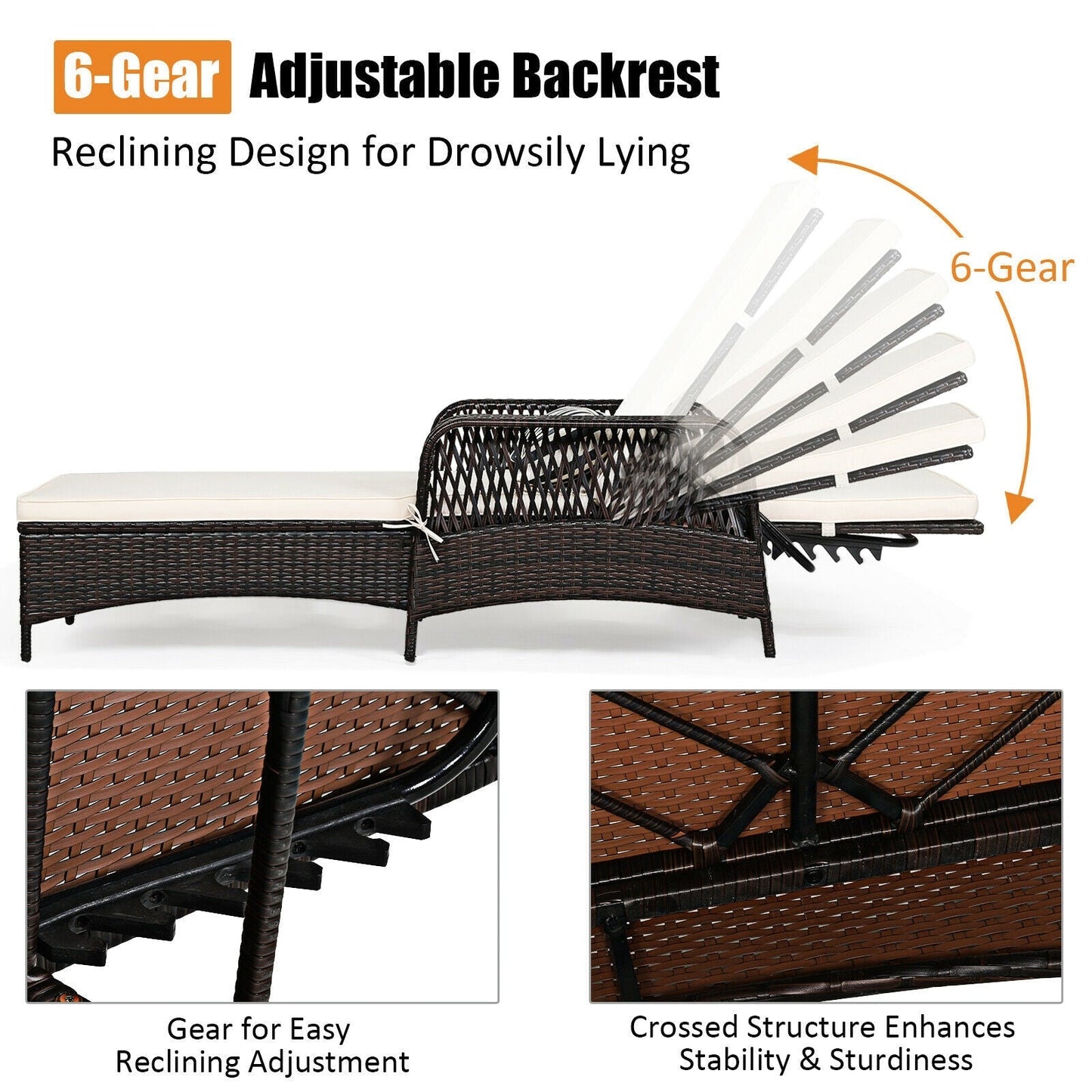 Outdoor Patio Wicker Chaise Lounge Chair with Adjustable Backrest and Pillow
