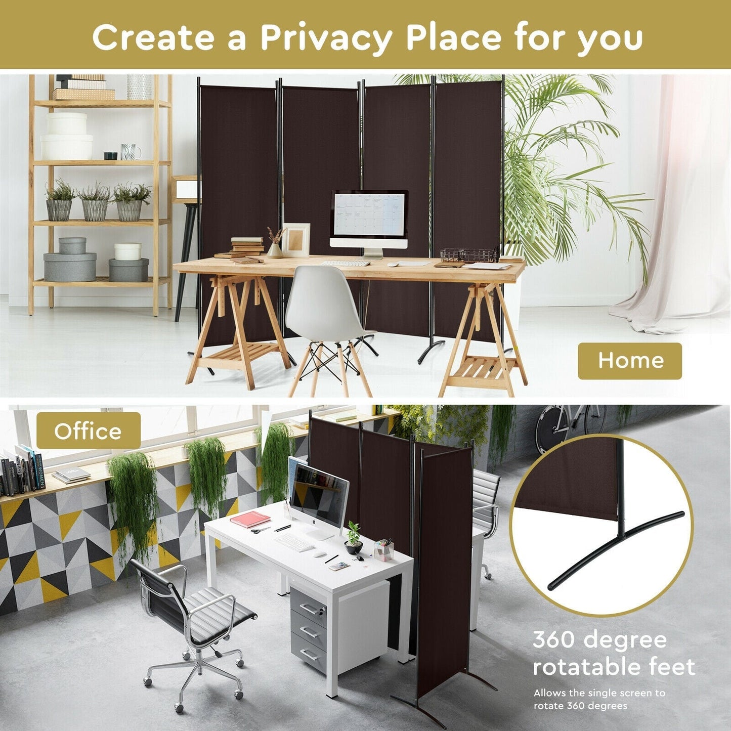 4-Panel Room Divider with Steel Frame