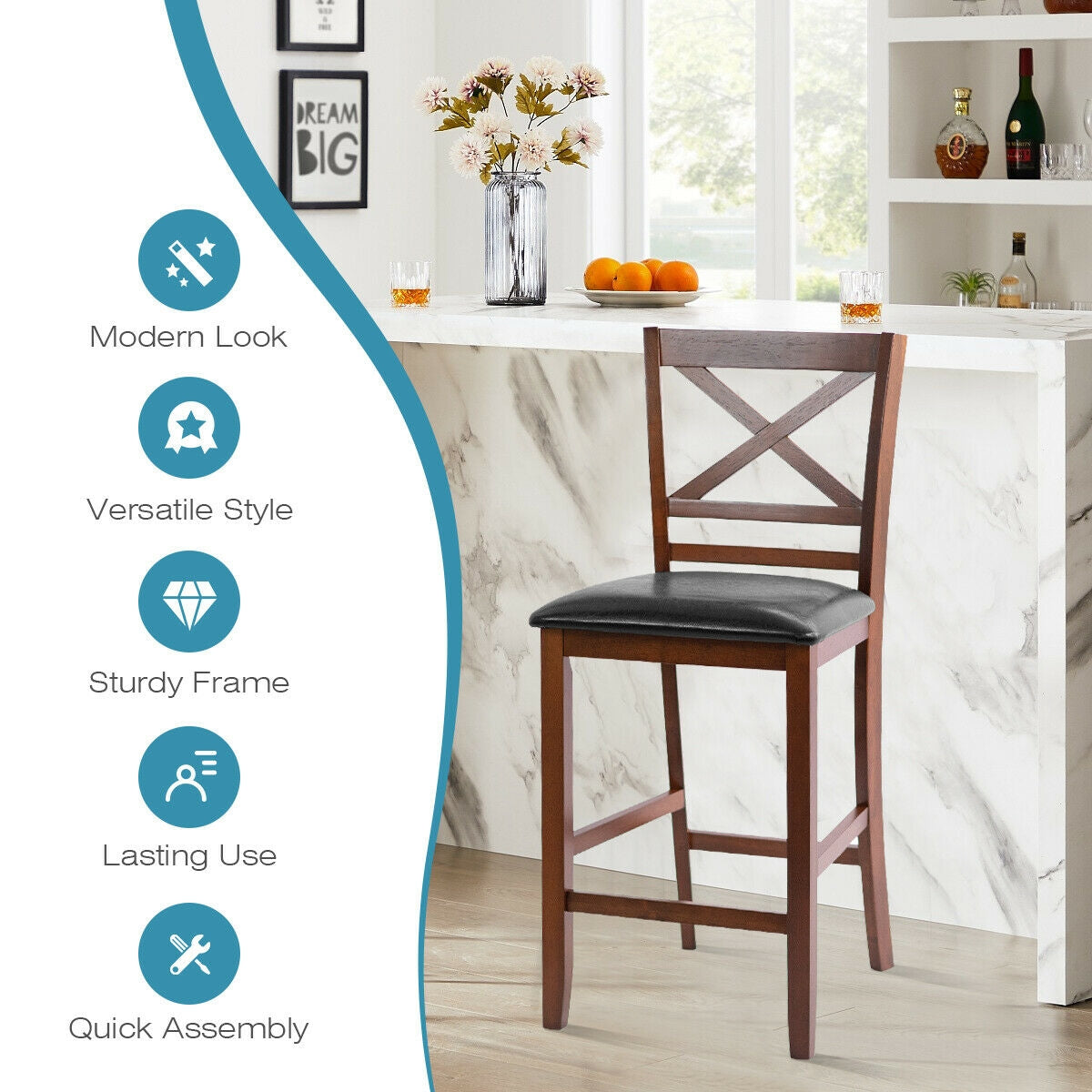 Set of 2 Bar Stools 25 Inch Counter Height Chairs with