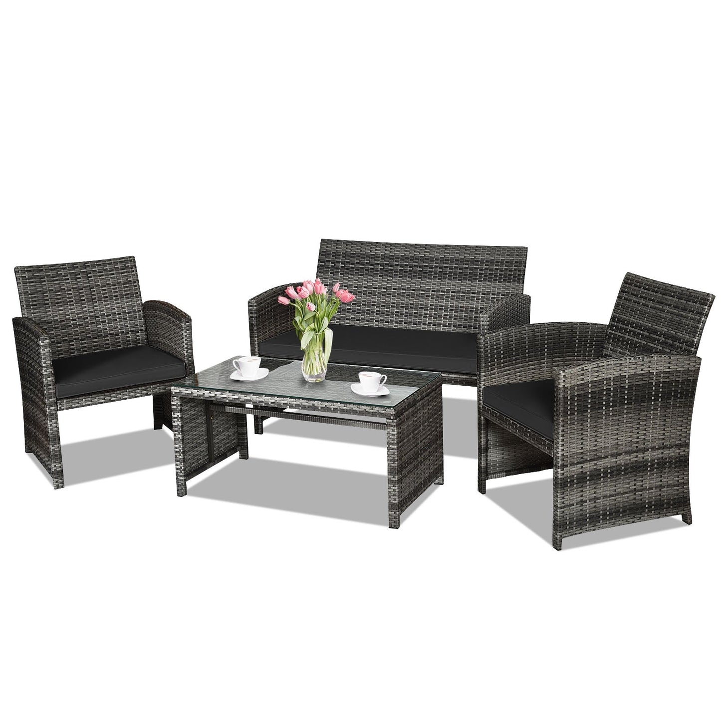 4 Pieces Patio Rattan Furniture Set with Glass Table and Loveseat-Gray