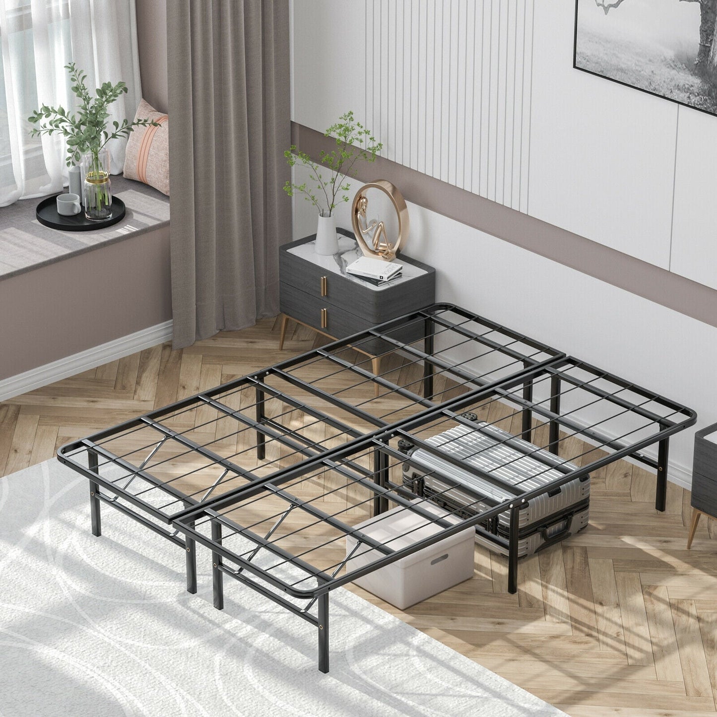 Twin/Full/Queen Size Foldable Metal Platform Bed with Tool-Free Assembly