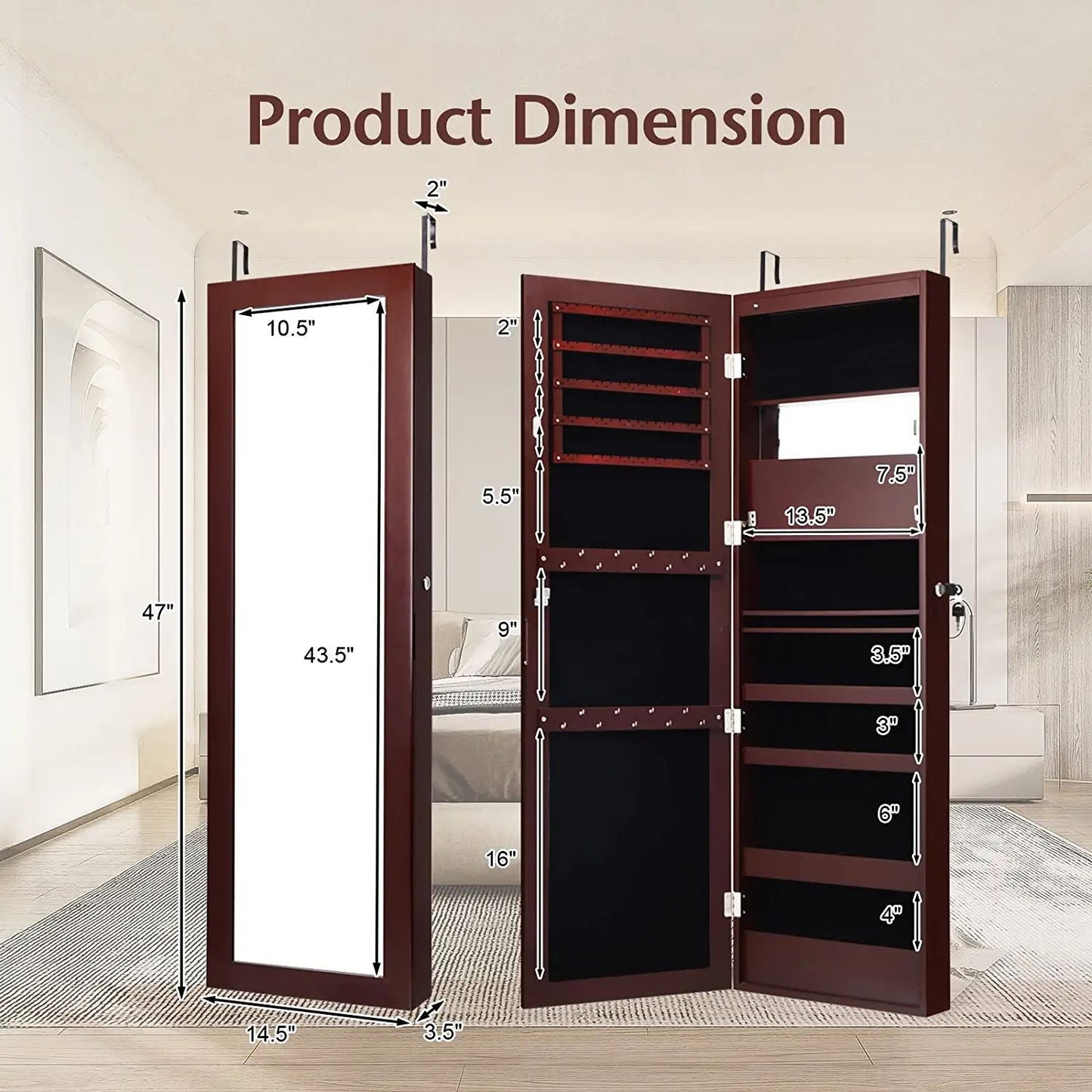 Lockable Wall Door Mounted Mirror Jewelry Cabinet w/LED Lights